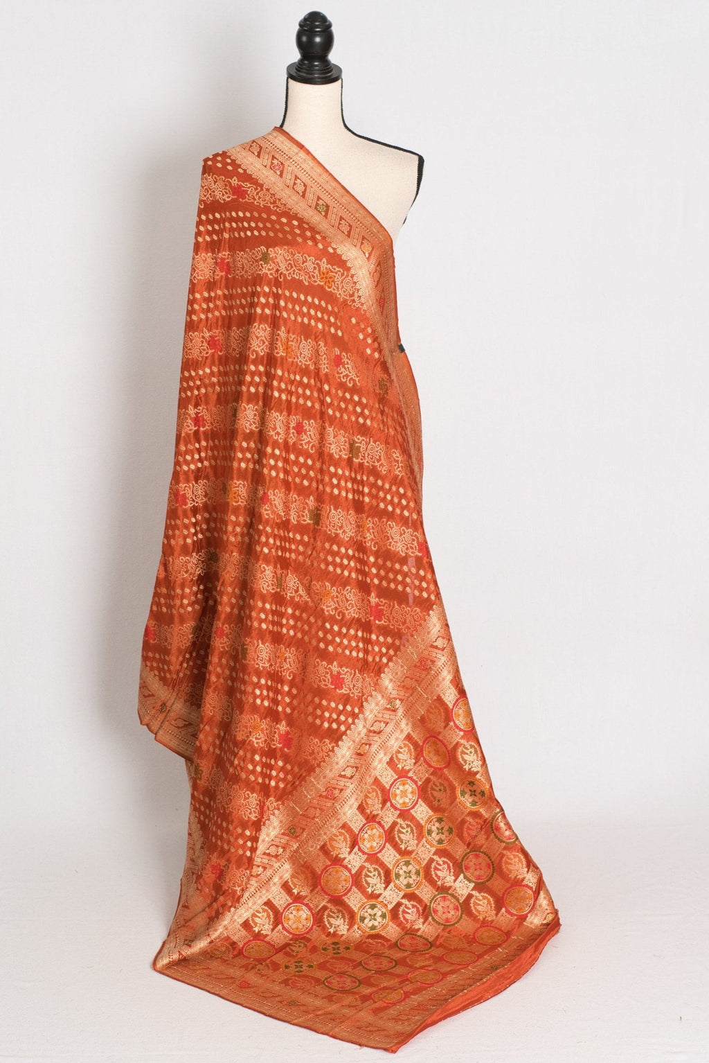 Sumi : Rust Orange & Gold Semi Mashru Bandhani Saree