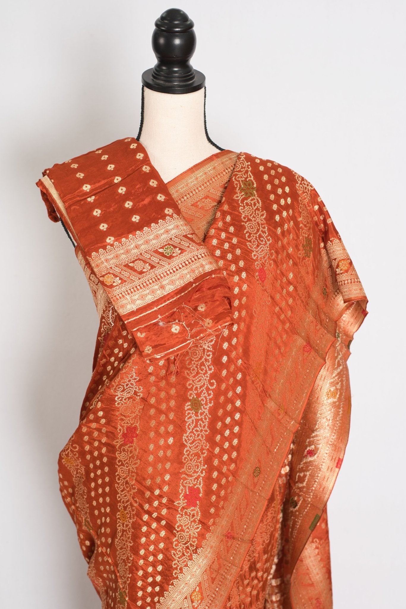 Sumi : Rust Orange & Gold Semi Mashru Bandhani Saree