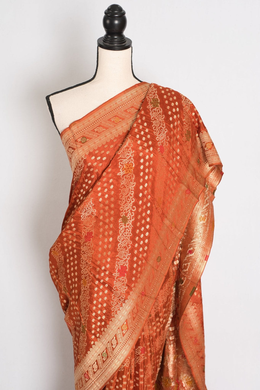 Sumi : Rust Orange & Gold Semi Mashru Bandhani Saree