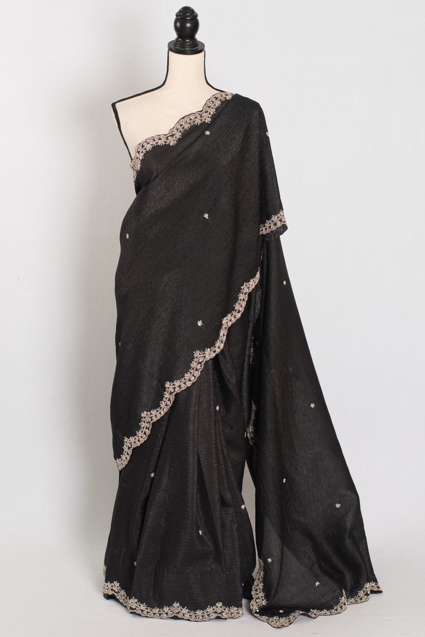 Sunayna | Black Crush Tissue Designer Partywear Saree - Bollywood Fashion