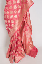 Tanima: Silk Mark Certified Pink & Gold Jaal Banarasi Saree with Size 40 Blouse