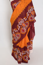 Trina: Orange & Red Batik Printed Mulmul Cotton Saree | Lightweight Handloom