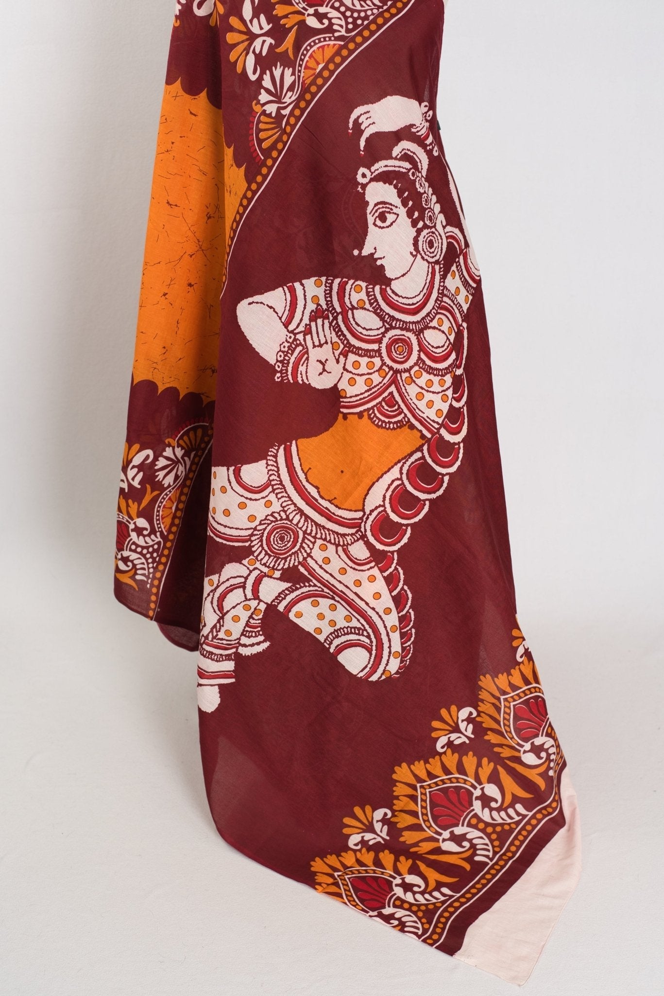 Trina: Orange & Red Batik Printed Mulmul Cotton Saree | Lightweight Handloom