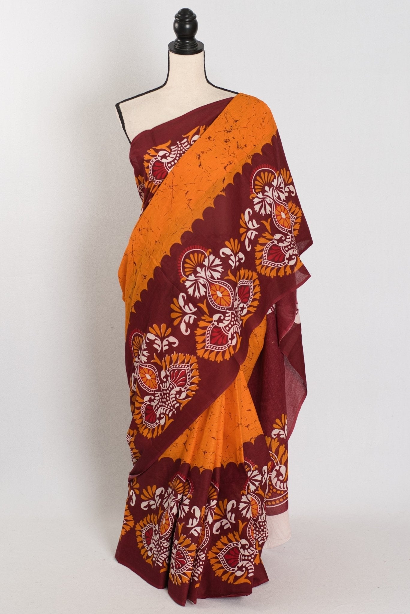 Trina: Orange & Red Batik Printed Mulmul Cotton Saree | Lightweight Handloom