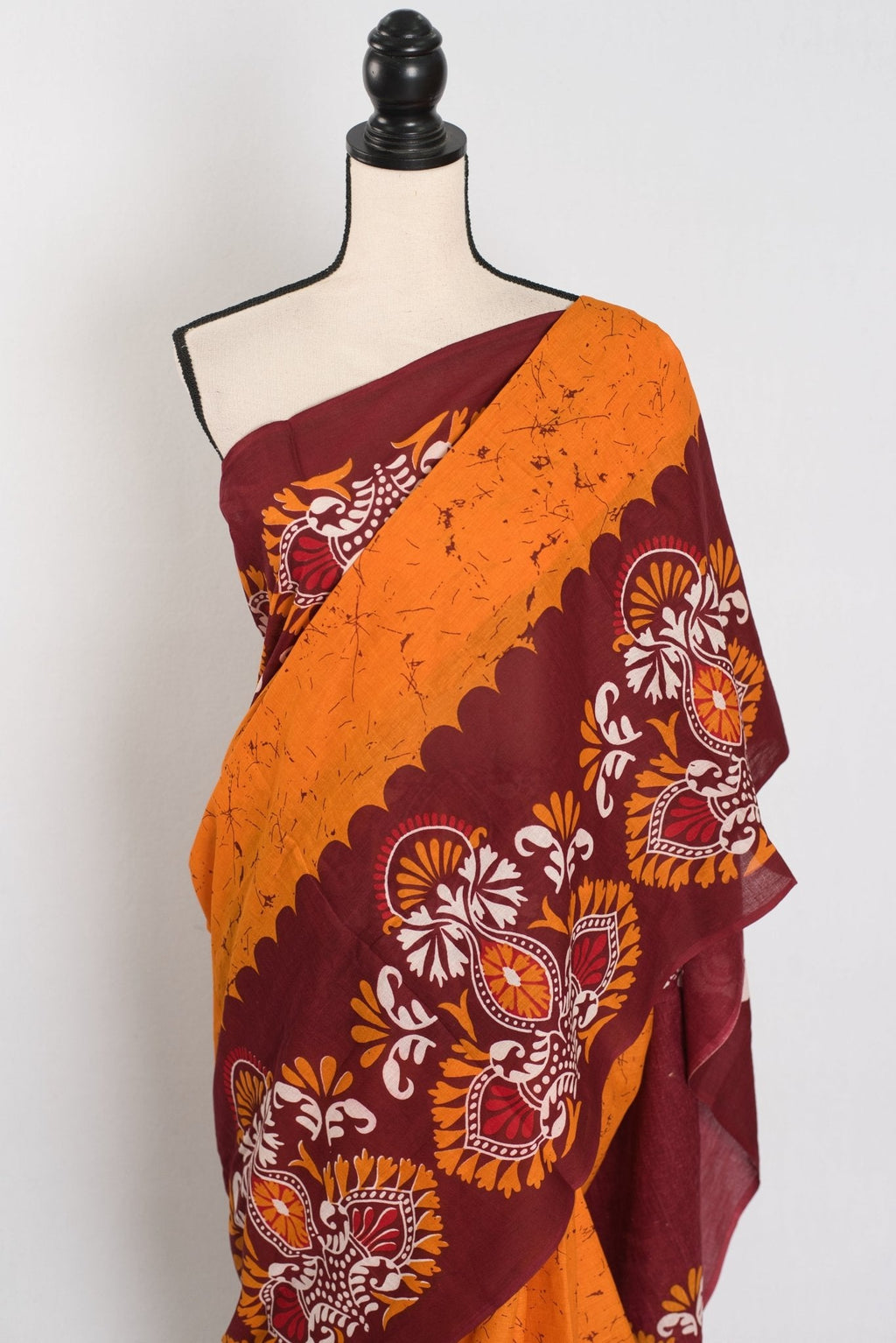 Trina: Orange & Red Batik Printed Mulmul Cotton Saree | Lightweight Handloom