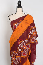 Trina: Orange & Red Batik Printed Mulmul Cotton Saree | Lightweight Handloom
