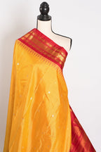 Vibha: Haldi Yellow and Red Checks Handwoven Gadwal Silk Saree with Golden Zari
