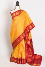 Vibha: Haldi Yellow and Red Checks Handwoven Gadwal Silk Saree with Golden Zari